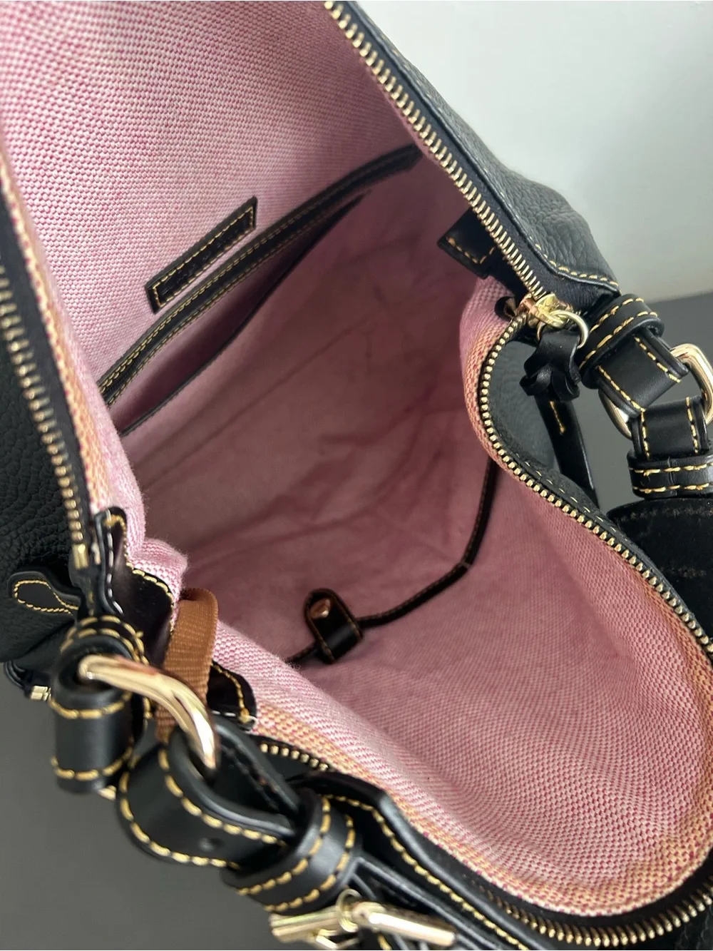 Dooney & Bourke Black Pebbled Leather Hobo Shoulder Bag Front Zip Pocket